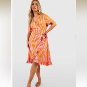 Boohoo Plus Orange and Pink Wrap Midi Dress